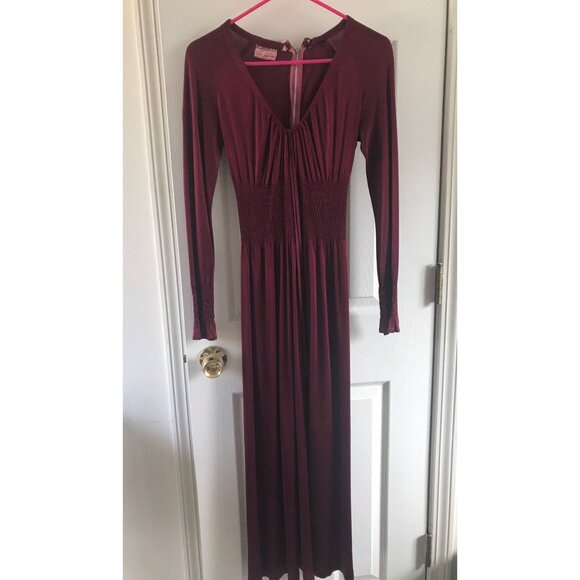 Vintage 1970's Burgundy Zainit London Maxi Dress Plunging Neckline Smocked Waist - Picture 4 of 9